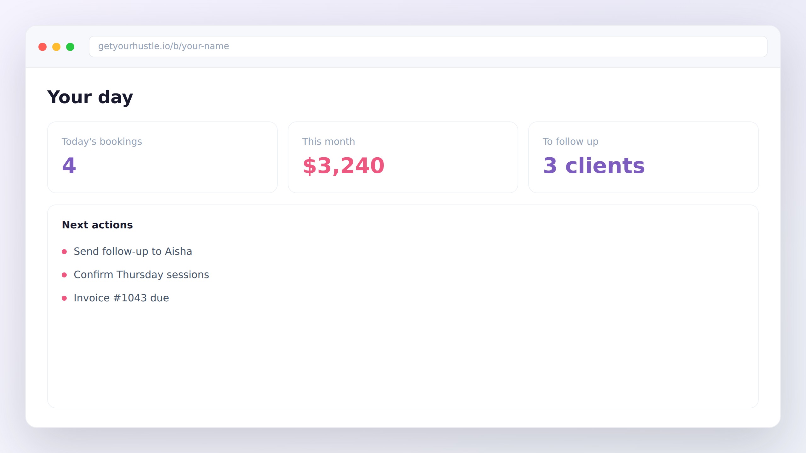 A HustleHub dashboard with the day's bookings, revenue, and follow-ups
