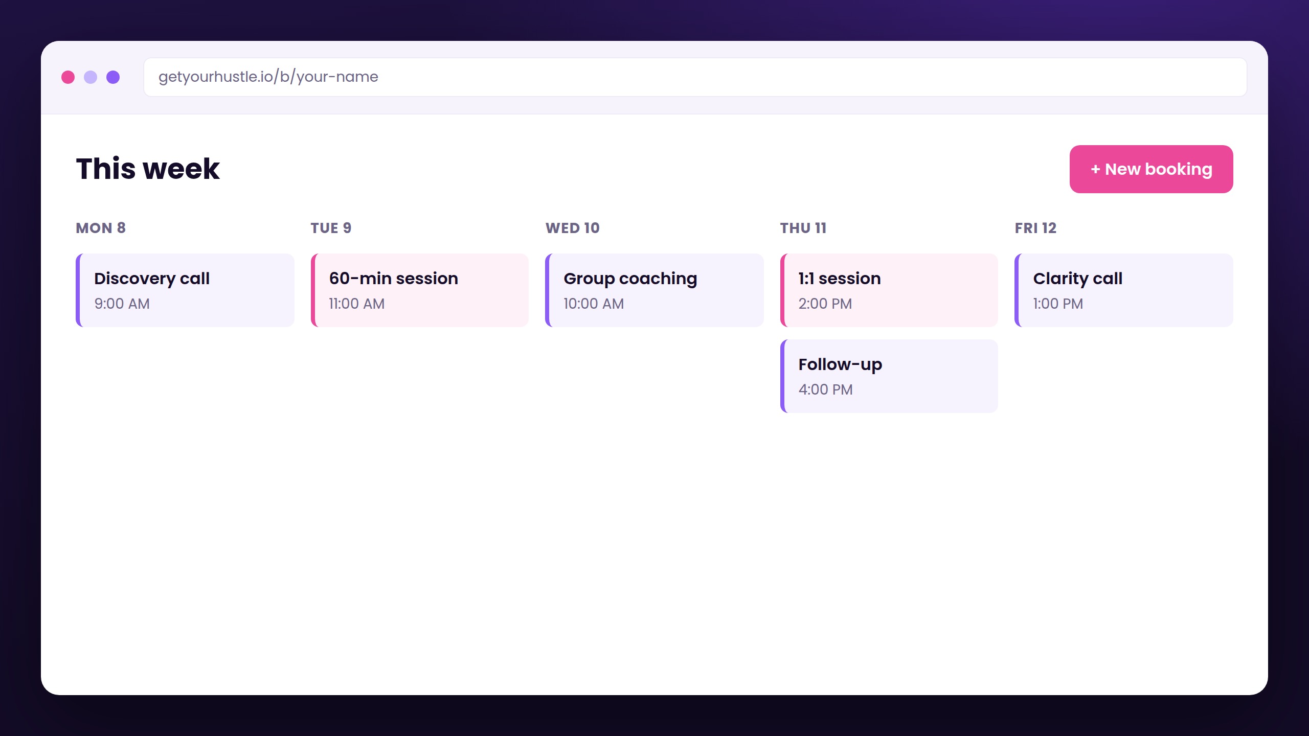 A HustleHub booking calendar showing a week of scheduled client sessions
