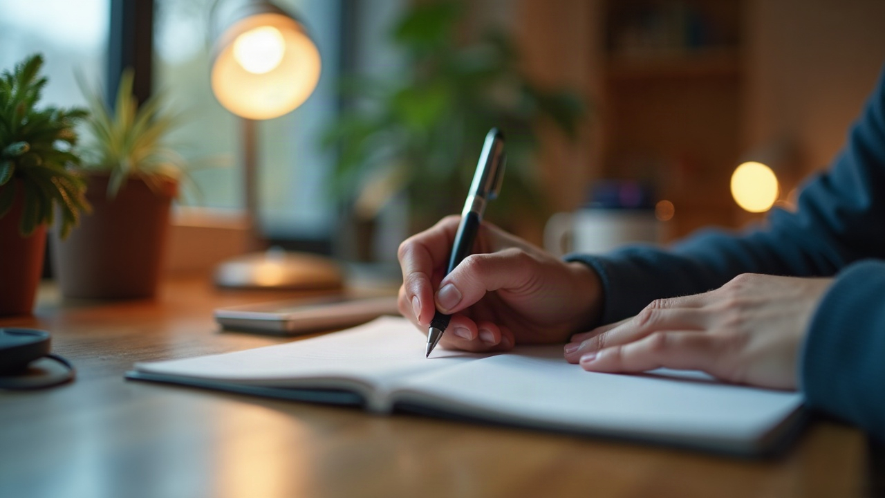 A tutor's hands writing in a notebook.