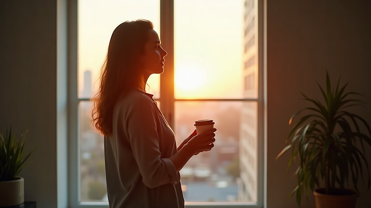 A life coach pausing by a window with a coffee.