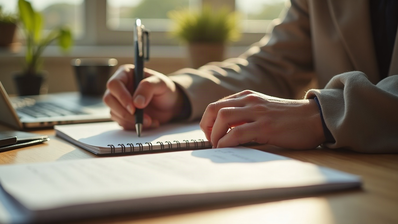 A life coach's hands writing in a notebook.