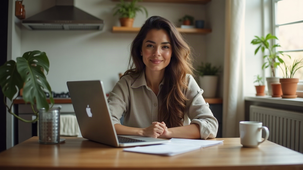 A solopreneur working at a kitchen table at home.