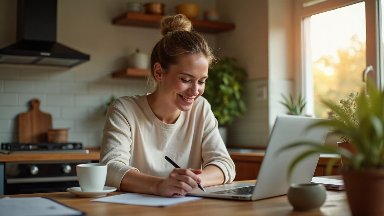A life coach working at a kitchen table at home.