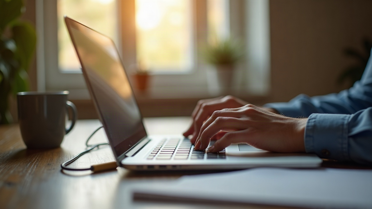 A freelance consultant's hands typing on a laptop.